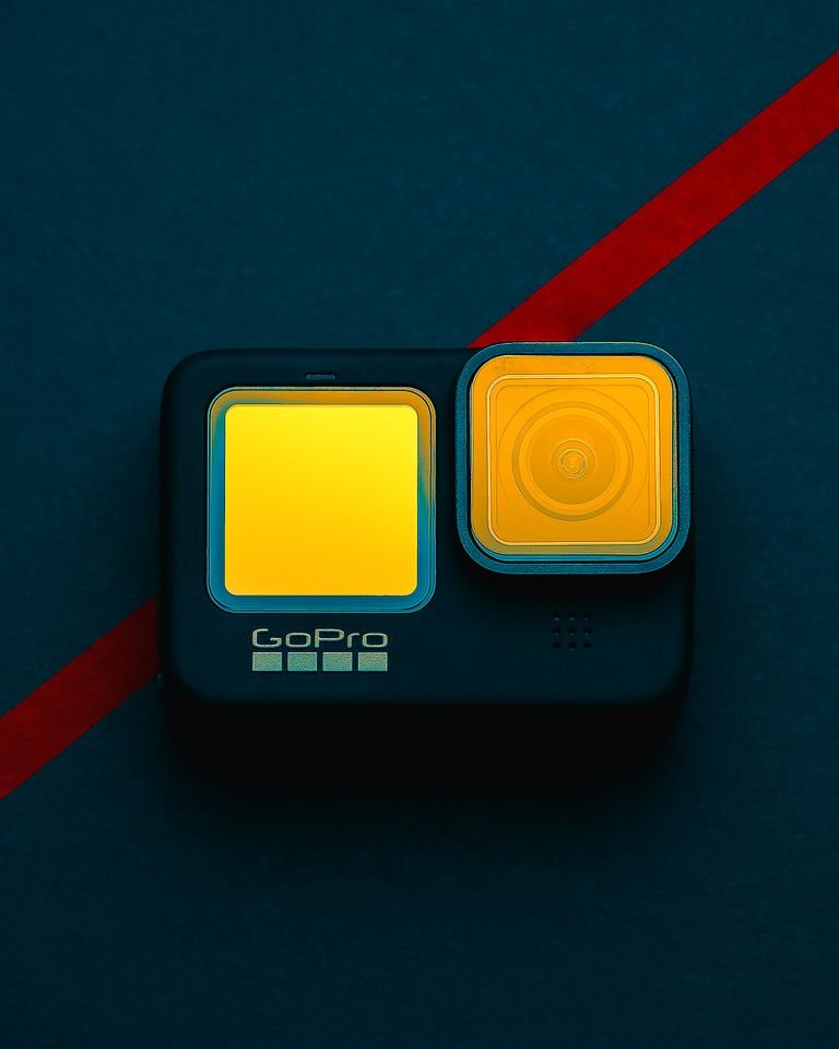 A GoPro camera featuring vibrant filters, placed on a dark background with a red streak.
